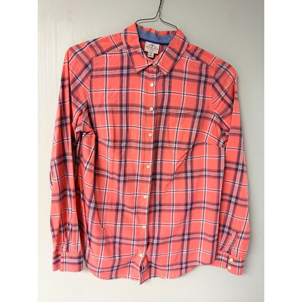 St Johns Bay Womens Medium Coral Navy Plaid Button Down Shirt Cotton